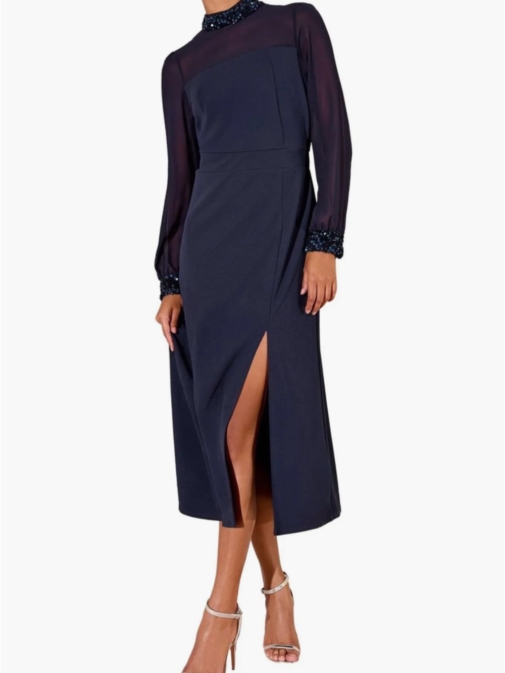 Navy Beaded Neck Long-Sleeve Midi Dress